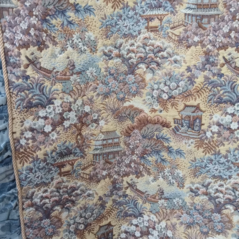 Vintage Pictorial Tapestry Covering, Pleats, Tassels, Boating, Temple  38